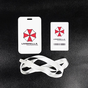 White Umbrella badge holder with inner ID card and white neck lanyard, door access badge case for Etsy.