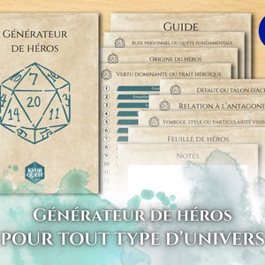 May include: A set of role-playing game materials with the text "GÉNÉRATEUR DE HÉROS" and a die graphic. The guide includes sections on hero origin, traits, and flaws. The French flag is visible in the upper right corner.