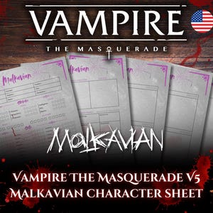 以下が含まれることがあります： テーブルトークRPG、Vampire: The Masquerade V5のキャラクターシート。マルカヴィアン一族が特徴です。シートは薄いグレーで、紫色のアクセントがあり、「Malkavian」と「Vampire The Masquerade V5 Malkavian Character Sheet」の文字が含まれています。
