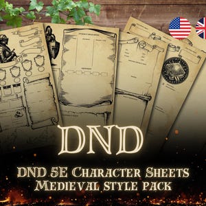 Peut inclure: Plusieurs feuilles de personnage D&D 5E de style médiéval. Les feuilles, en parchemin vieilli, présentent des illustrations de chevaliers, d'écussons et de parchemins. Le texte "DND" est mis en évidence.