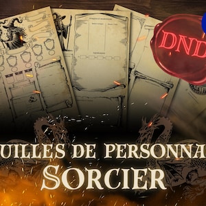 May include: A collection of vintage-style character sheets for a tabletop role-playing game. The sheets feature illustrations of wizards and dragons, with the text "DND" on a wax seal. The overall theme is fantasy.