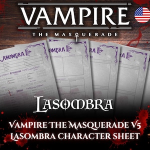 May include: Character sheets for the tabletop role-playing game Vampire: The Masquerade. The sheets are light grey with purple accents and feature the word "Lasombra". The title "Vampire The Masquerade V5 Lasombra Character Sheet" is also visible.