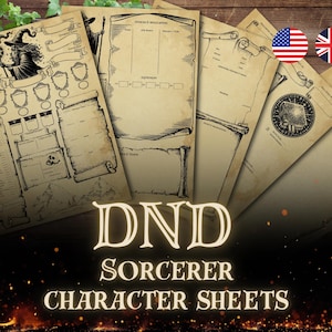 Puede incluir: Un conjunto de hojas de personaje de hechicero DND de estilo vintage. Las hojas presentan ilustraciones de una bruja, pergaminos y varias secciones de estadísticas de personaje. El texto "DND SORCERER CHARACTER SHEETS" se muestra de forma destacada.