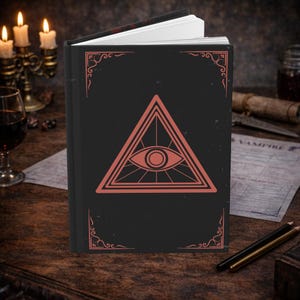 May include: A black journal with a red triangle and eye symbol on the cover. The cover also features decorative corner designs. The journal is open, revealing white pages. The background includes candles, a glass of wine, and a document with the word "Vampire".
