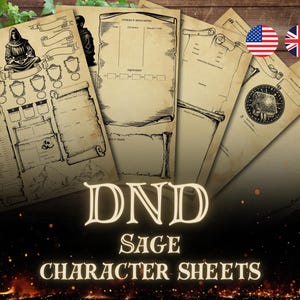 Peut inclure: Plusieurs feuilles de personnage DND Sage avec un aspect de papier parchemin vintage. Les feuilles présentent des illustrations d'une figure encapuchonnée, de bannières et d'écussons. Le texte "DND SAGE CHARACTER SHEETS" est affiché dans une police décorative.
