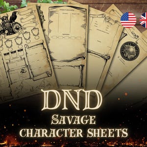 Puede incluir: Un conjunto de hojas de personaje DND Savage de estilo vintage. Las hojas presentan ilustraciones de un guerrero vikingo, pergaminos y varias casillas para detalles del personaje. El texto "DND Savage Character Sheets" se muestra.