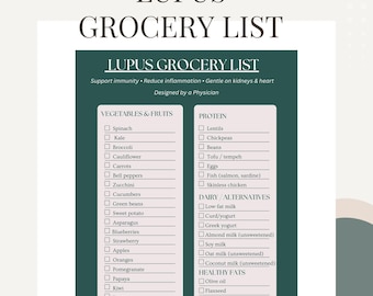 May include: A printable Lupus grocery list designed by a physician. The list includes vegetables, fruits, protein, dairy alternatives, healthy fats, herbs, and hydration options. The text is in a dark green and white colour scheme.