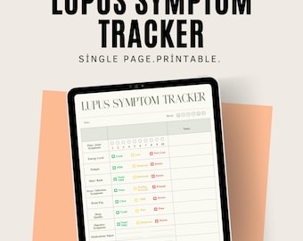 May include: A digital Lupus Symptom Tracker displayed on a tablet. The tracker includes sections for pain, energy levels, fatigue, and other symptoms. The text "LUPUS SYMPTOM TRACKER" is at the top, with "SINGLE PAGE. PRINTABLE." below it. The design is doctor-designed.
