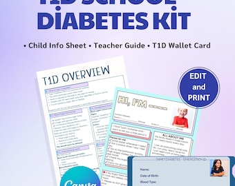 T1D School Diabetes Kit | Child Info Sheet + Emergency Wallet Card + Type 1 Diabetes Overview |