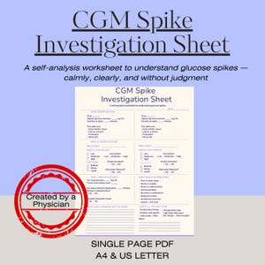 Può includere: Un foglio di indagine stampabile sui picchi di CGM, un foglio di lavoro di autovalutazione per comprendere i picchi di glucosio. Il documento include sezioni per l'identificazione dei picchi, i fattori di pasto e di tempistica e altro ancora. Con il testo "Created by a Physician."