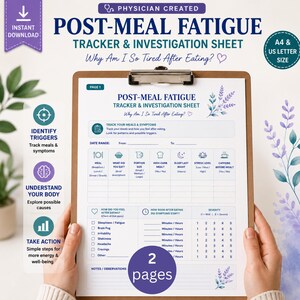 Könnte beinhalten: Ein ausdruckbarer Tracker und Untersuchungsbogen für Müdigkeit nach dem Essen auf einem Klemmbrett. Das Dokument enthält Abschnitte zur Erfassung von Mahlzeiten und Symptomen, mit Text wie Physician Created, Why Am I So Tired After Eating und 2 pages.
