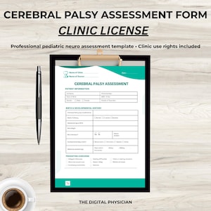 Puede incluir: Un portapapeles negro contiene un formulario de evaluación de parálisis cerebral con detalles turquesa. El formulario incluye secciones para información del paciente, historial de nacimiento y preocupaciones actuales. También se ven un bolígrafo negro y una taza de café.