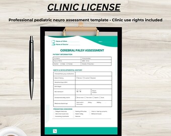 May include: A black clipboard holds a Cerebral Palsy Assessment form with teal accents. The form includes sections for patient information, birth history, and presenting concerns. A black pen and a cup of coffee are also visible.