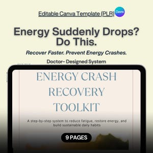 Peut inclure: Publicité pour un produit numérique sur un écran de tablette. Le texte indique « Energy Suddenly Drops? Do This. » et « Energy Crash Recovery Toolkit ». L'annonce promet d'aider à réduire la fatigue et à restaurer l'énergie. Le produit est un système de 9 pages.