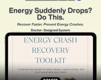 May include: A digital product advertisement on a tablet screen. The text reads "Energy Suddenly Drops? Do This." and "Energy Crash Recovery Toolkit." The ad promises to help reduce fatigue and restore energy. The product is a 9-page system.