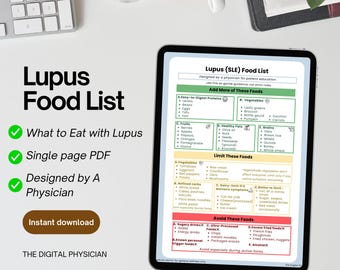 May include: A digital tablet shows a Lupus (SLE) Food List, designed by a physician. The list categorizes foods to eat and avoid, with sections for proteins, vegetables, fruits, healthy fats, and grains. The text includes "Instant download" and "Single page PDF".