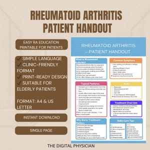 Peut inclure: Une affiche imprimable pour les patients atteints de polyarthrite rhumatoïde. Elle présente les symptômes, les caractéristiques et le traitement. Conçue avec un langage simple, elle convient aux personnes âgées. Téléchargement instantané.