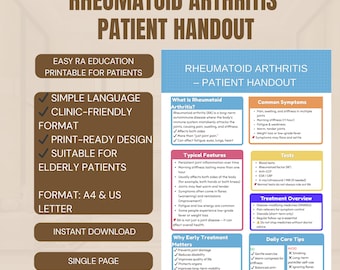Puede incluir: Un folleto imprimible para pacientes con artritis reumatoide. Incluye información sobre síntomas, características típicas y descripción general del tratamiento. Diseñado con lenguaje sencillo y apto para pacientes mayores. Descarga instantánea.
