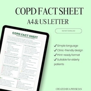 May include: A digital tablet showing a COPD Fact Sheet, with the title in large, bold text. The sheet includes information on symptoms, causes, and treatment. The design is clinic-friendly and suitable for elderly patients. The text also says "Instant Download".
