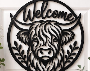 Plasma Cut Metal Sign SVG | Ready to Hang Highland Cow Welcome Sign Laser File | Single Line Cut DXF for CNC
