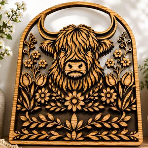 Petal Frame Highland Cow Welcome Sign SVG | Country Doorway Laser Cut File | Farmhouse Wood Sign DXF for Glowforge Cricut