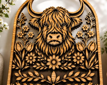 Petal Frame Highland Cow Welcome Sign SVG | Country Doorway Laser Cut File | Farmhouse Wood Sign DXF for Glowforge Cricut