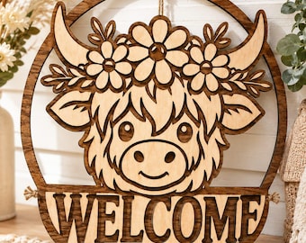 Front Door Welcome Sign SVG Featuring a Daisy Crown Highland Cow Round One Piece Laser Cut File