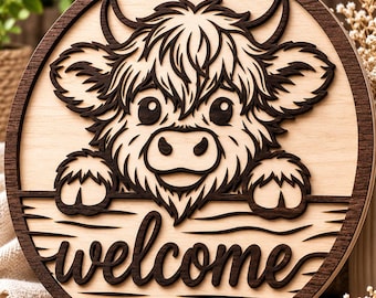 Highland Cow Welcome Sign SVG | Layered Laser Cut File | Farmhouse Door Hanger | Glowforge Cricut CNC | Digital Download