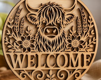 Highland Cow Sunflower Sign SVG | Wheat Scrollwork Welcome Laser File | Round Barn Door Sign DXF Glowforge Cricut