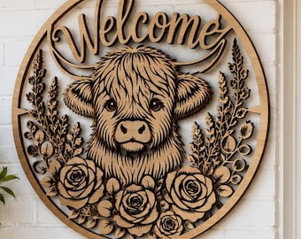 Highland Cow Face SVG | Round Welcome Sign with Roses | Laser Cut File for Metal Wood Sign Glowforge Cricut DXF