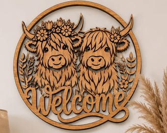 Best Friends Highland Cow Welcome Sign SVG | Flower Crown Round Laser Cut File | Farmhouse Door Hanger for Glowforge Cricut DXF