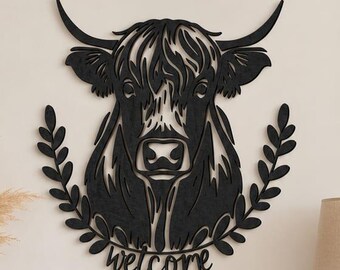 Cursive Welcome Cow Wreath SVG | Olive Branch Highland Cow Laser Cut File | Rustic Farmhouse Wood Sign DXF for Glowforge Cricut