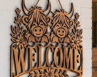 Twin Highland Cow Welcome Sign SVG | Daisy Garden Fence Plank Laser Cut File for Glowforge Cricut DXF