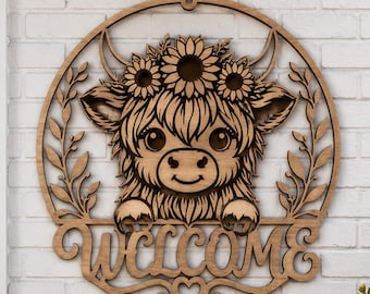 Baby Cow Nursery Sign SVG, Highland Cow Gift Door Hanger, Farm Animal Laser File PNG DXF for Cricut Glowforge