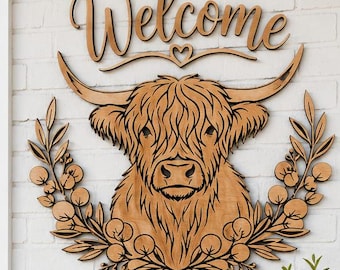 Sweetheart Highland Cow Welcome Sign SVG | Cotton Eucalyptus Wreath Cursive Heart Laser File | Round Door Hanger DXF for Glowforge Cricut