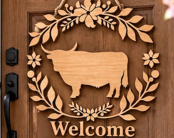 Laurel Wreath Cattle Welcome Sign SVG | Classic Farmhouse Bull Silhouette Laser File | Round Door Hanger DXF