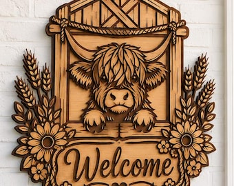 Peeking Cow Barn Door Welcome Sign SVG | Highland Cow Window Laser File | Rustic Farmhouse Door Hanger DXF for Glowforge