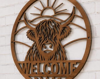 Sunburst Highland Cow Welcome Sign SVG | Mountain Sunrise Round Laser Cut File | Metal Wood Door Hanger DXF PNG for Glowforge Cricut