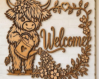 Watering Can Cow SVG, Highland Cow Welcome Sign Gardening, Floral Wreath Laser File DXF for Glowforge