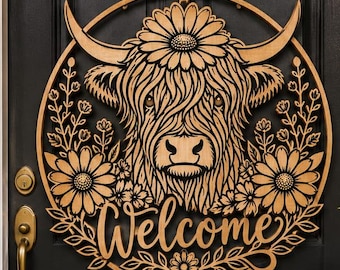 Floral Wreath Welcome Sign SVG | Highland Cow Laser Cut File | Rustic Farmhouse Door Hanger PNG DXF | Digital Download for Cricut