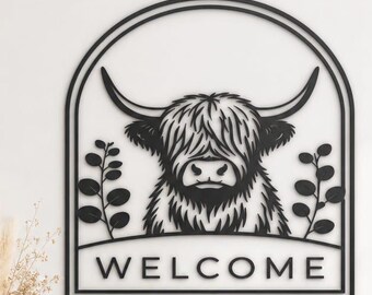 Eucalyptus Arch Welcome Sign SVG | Highland Cow Farmhouse Laser Cut File | Rustic Wood Door Sign DXF for Glowforge Cricut