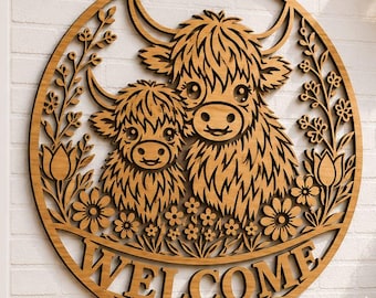 Mama and Baby Highland Cow Welcome Sign SVG | Cute Cartoon Tulip Garden Laser Cut File DXF for Glowforge Cricut