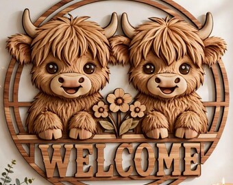 Loop Top Welcome Sign SVG Two Happy Highland Calves with a Flower Bouquet Round Laser Cut File for Porch or Gate