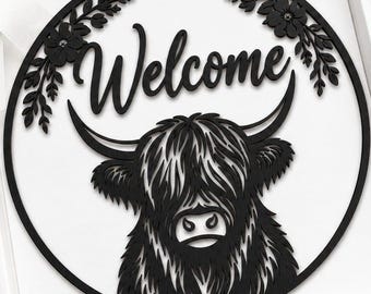 Round Wildflower Cow Welcome Sign SVG | Highland Cow Circle Laser Cut File | Farmhouse Wood Sign DXF for Glowforge Cricut