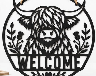 Vintage Badge Cow Welcome Sign SVG | Bold Emblem Style Laser File | Round Thistle Accent DXF for Glowforge