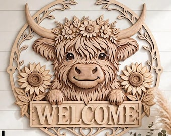 Hanging Sign SVG, Sunflower Cow Welcome Wall Art, Round Highland Cow Laser Cut File DXF PNG for Glowforge