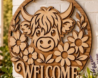 Highland Cow Peeking Through a Wildflower Ring Round Welcome Sign SVG for Laser and CNC Cutting Porch or Fence Decor