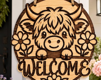 Shelf Sitter Highland Cow Welcome Sign SVG Rustic Ledge Laser Cut File Round Farmhouse Door Hanger DXF for Glowforge Cricut