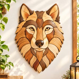 Intarsia Wolf Pattern Wood Inlay Wall Art Scroll Saw & Laser Cut File 37-Piece DXF SVG PDF