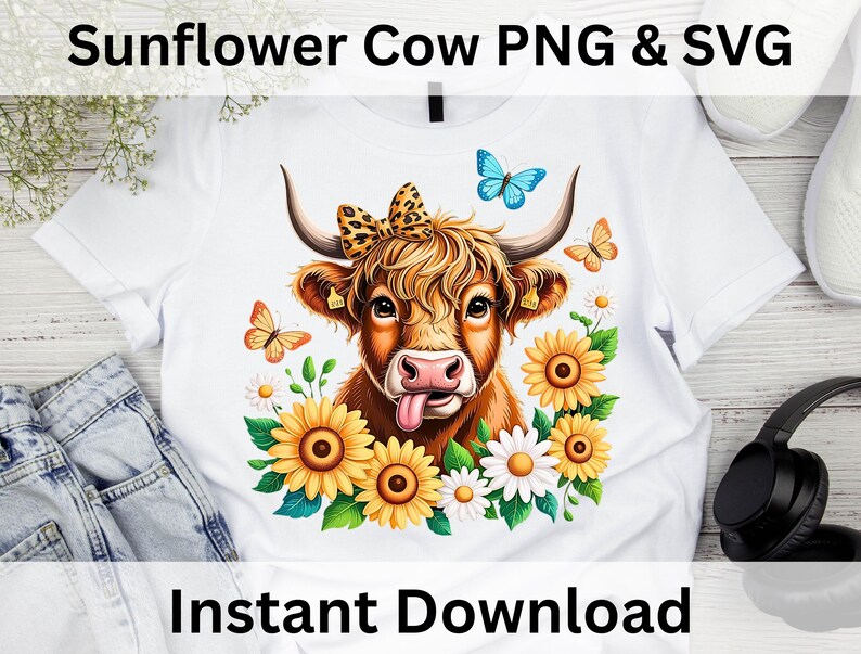 Cute Sunflower Highland Cow PNG SVG, Western Cow T Shirt Graphic ...
